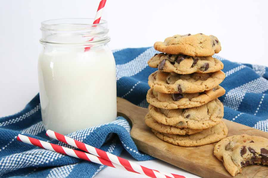 Peanut Butter Chocolate chip Cookies with a glass of milk