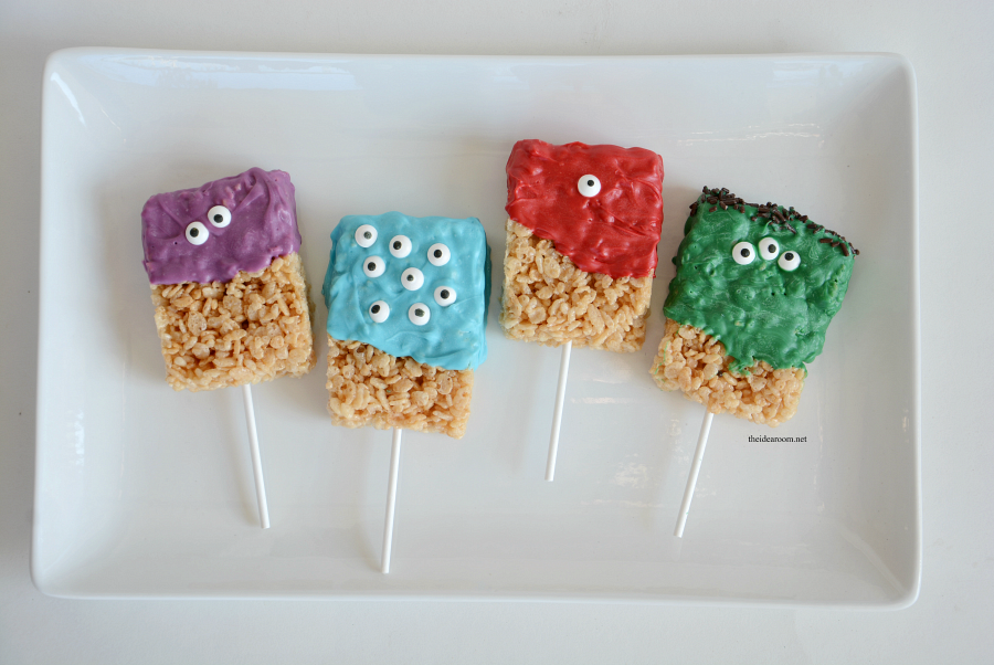 Monster | Make some Monster Rice Krispie Treats. They make a great Halloween Treat for your Halloween Party or for a child's Birthday Party!