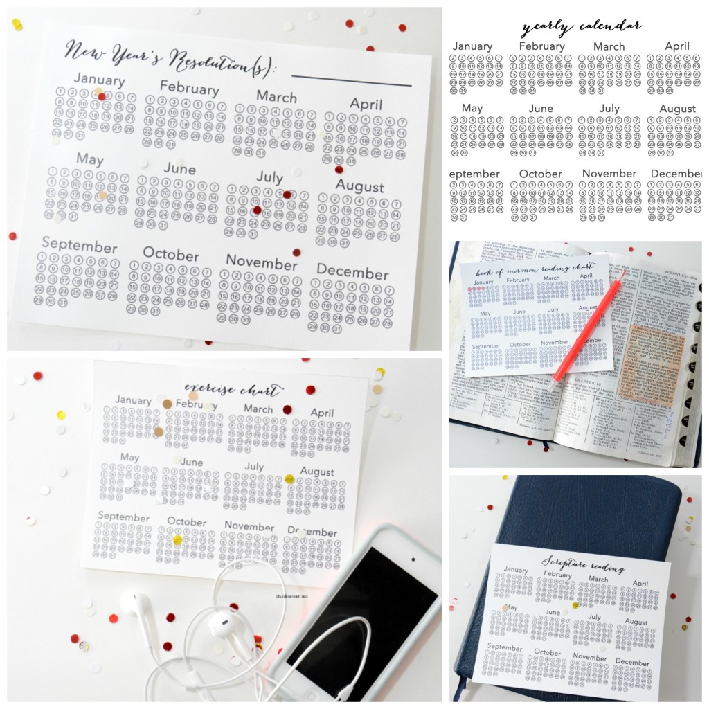 Do you set New Year's Resolutions? Print these Free Downloads: Yearly Calendar, exercise chart, scripture reading chart, and New Year's Resolutions charts.