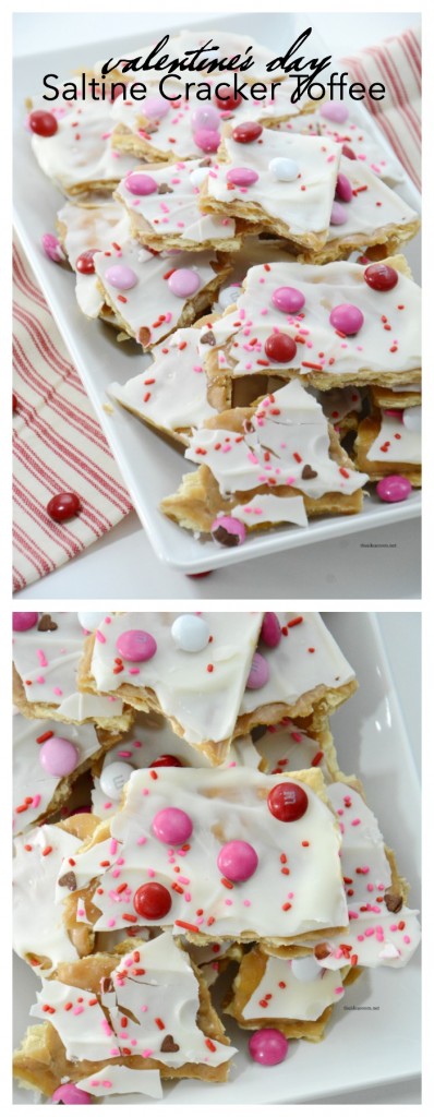 Valentine's Day | A twist on the tasty and popular Saltine Cracker Toffee perfect for Valentine's Day. Great Valentine's Day Treat or gift idea. 
