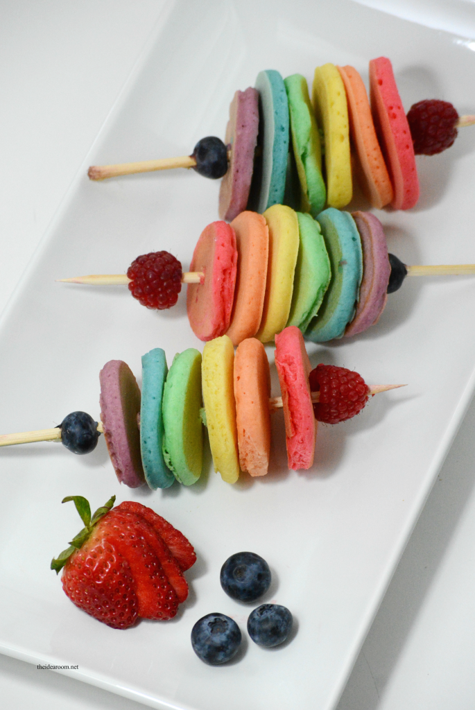 Pancakes | Share some happiness on St. Patrick's Day with this fun breakfast idea...Rainbow Pancakes...fun food on a stick for your family this year.